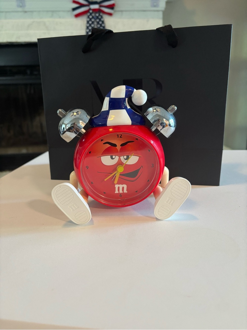 Vintage M&M Red Character Alarm Clock Blue White Nightcap Collectible Novelty